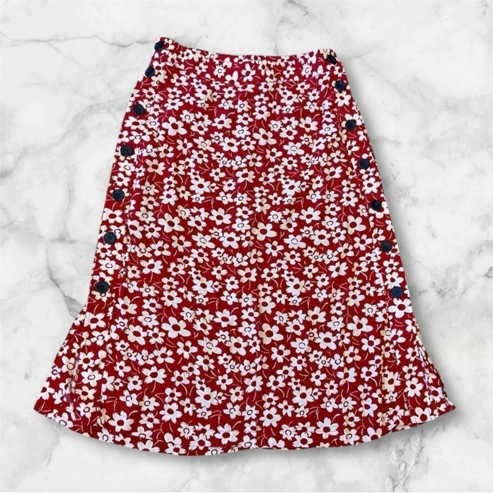 Madewell Red Midi Boho A- Line Skirt With Cream Side Button Flower Floral Skirt